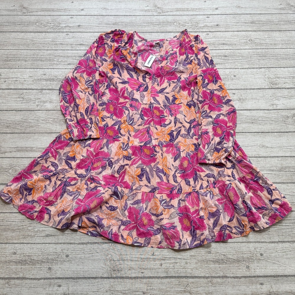 NEW Old Navy Floral Mini Dress Women's L Pink Tiered Long Sleeve Cotton Rayon